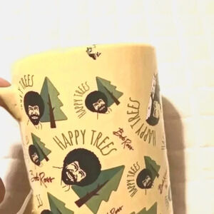 Bob Ross nostalgic coffee cup yellow green
